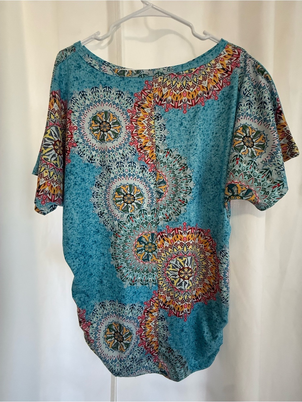 Boho Turquoise Mandala Print Dolman Batwing Side Cinched Women’s Top